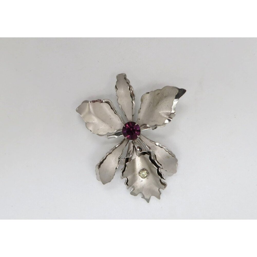 Vintage Orchidโ Flower Brooch 2" Purple White Rhinestones 2 D Silver Tone Petals